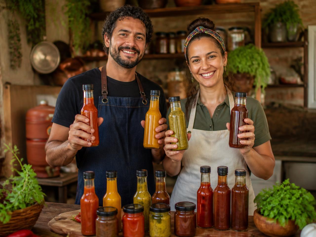 Casal de fabricantes parceiros Molhos Brasil segurando potes e garrafas de molhos artesanais